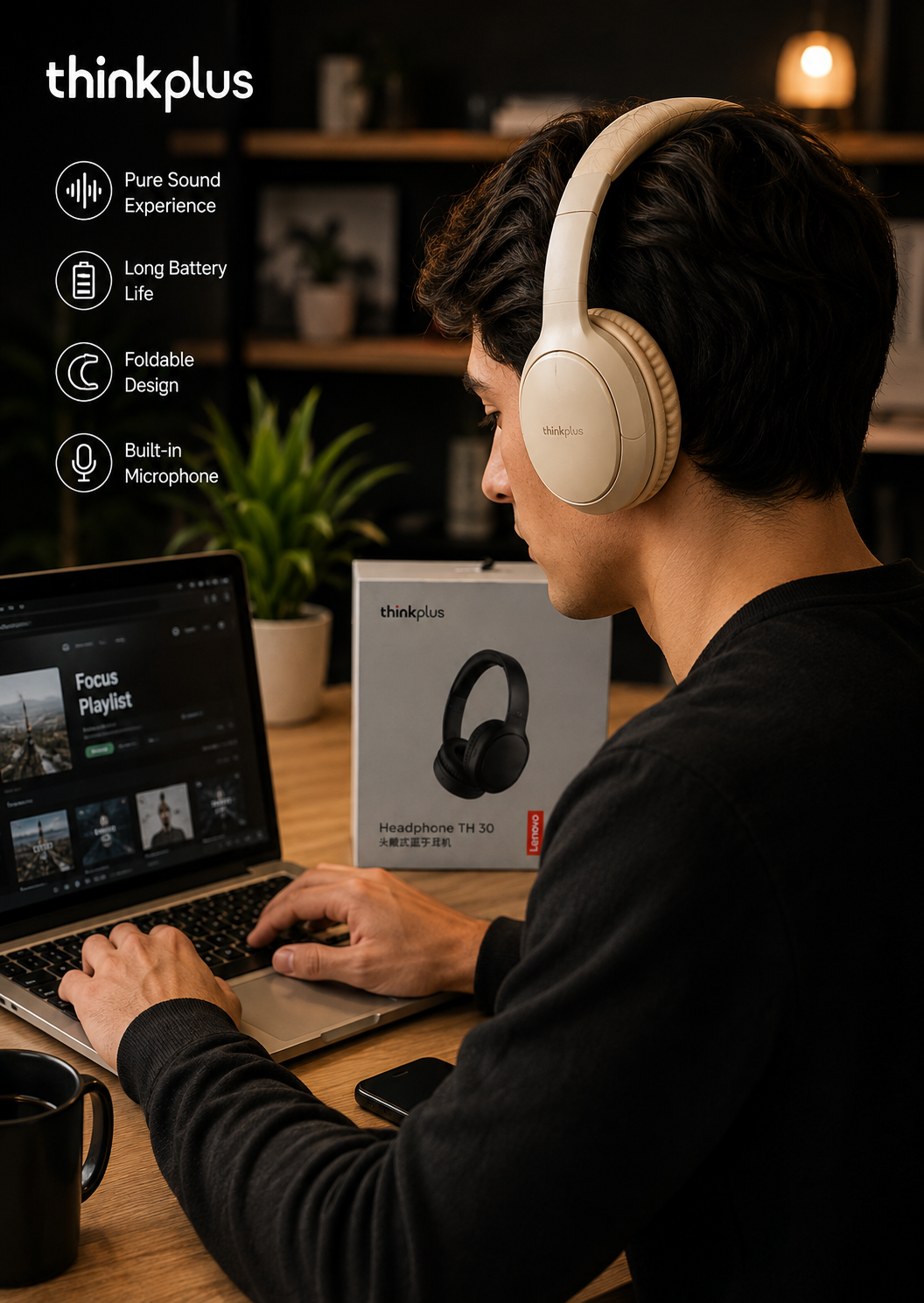 ThinkPlus TH30 Wireless Bluetooth Over-Ear Headphones – Premium Sound & Long Battery Life